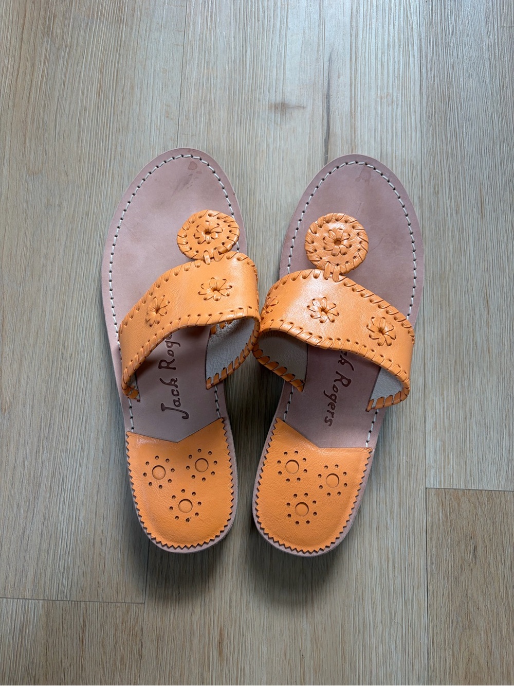 Jack Rogers Orange Leather Stitched Medallion Slide Sandals